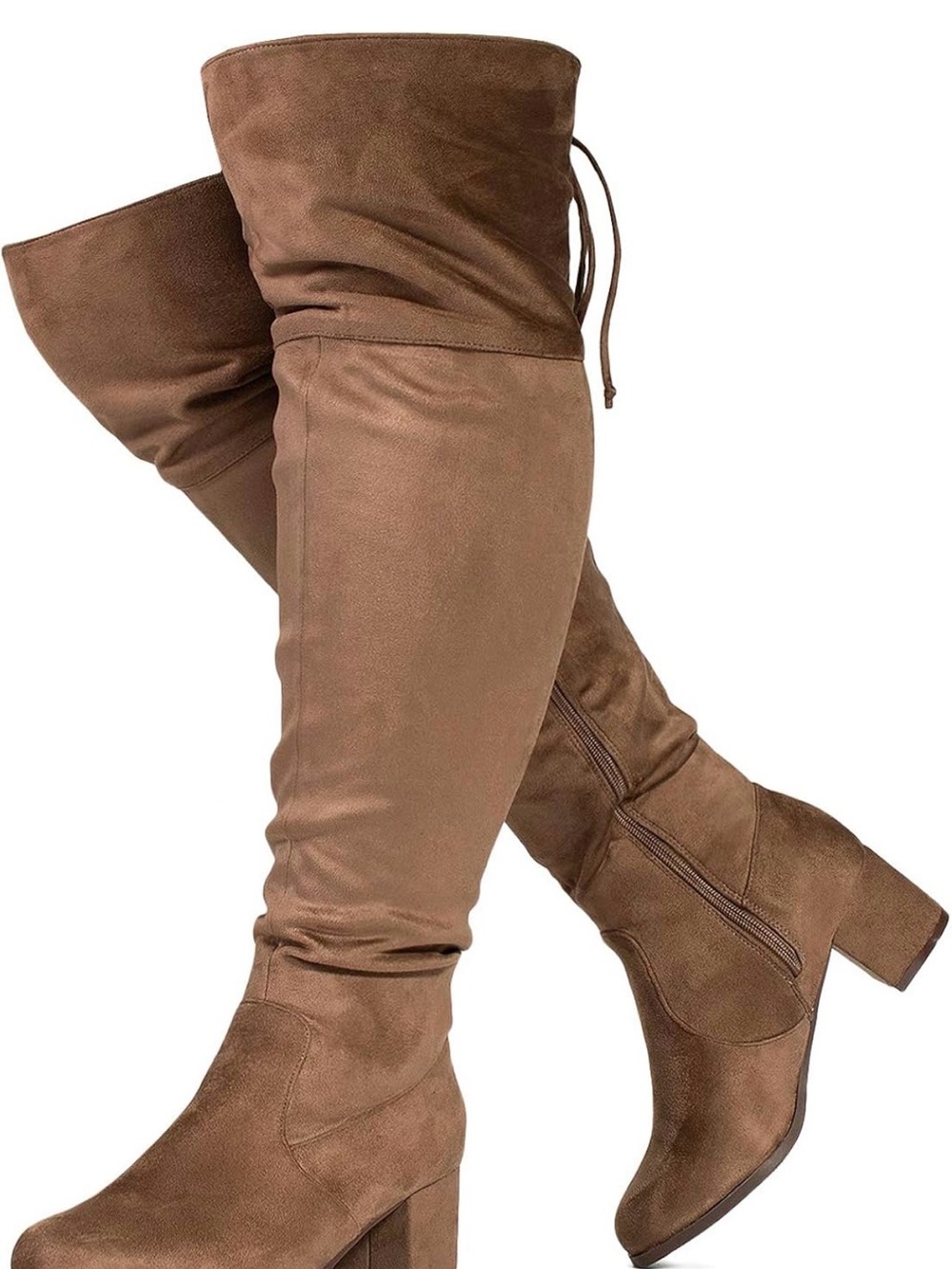 Over-the-Knee Suede Block Heel Boots - Taupe Brown